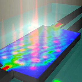 The image shows an artistic rendering of a silicon-on-insulator 1x2 multimode interference splitter with a projected pattern of perturbations induced by femtosecond laser. The perturbation pattern achieves routing of light to a single output port with 97 percent efficiency.
CREDIT: University of Southampton