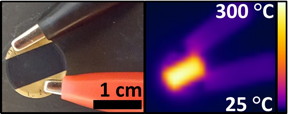 A simple heating device made by the researchers from unrefined pulverized coal, shown at left under visible light and at right in infrared light, showing the heat produced by the device.

Photo courtesy of the researchers