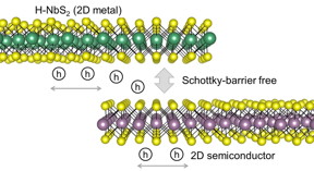 Using 2D metal as contact for 2D semiconductor allows Schottky barrier to be tuned, due to the weak Fermi level pinning at the junction caused by the suppression of metal-induced gap states. Schematic illustrates that 2D H-NbS2 can form a Schottky-barrier-free contact with 2D semiconductor for hole transport.Credit: National Renewable Energy Laboratory