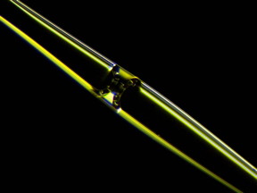 Photograph of a fluid meniscus inside an opto-mechano-fluidic resonator (OMFR) made of high purity silica glass. Particles flowing through the internal microchannel can be detected optically at extremely high speed.
CREDIT: University of Illinois