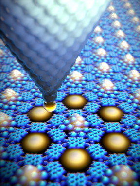 Using the tip of a scanning tunnel microscope, a single xenon atom (yellow) is being moved from a quantum box (blue), thus specifically altering its electronic quantum state. Image: University of Basel, Department of Physics
