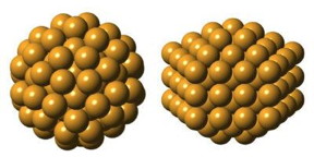 Setting out to confirm the predicted structure of Gold-144, researchers discovered an entirely unexpected atomic arrangement (right). The two structures, described in detail for the first time, each have 144 gold atoms, but are uniquely shaped, suggesting they also behave differently.

Image courtesy of Kirsten rnsbjerg Jensen