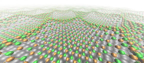 The boron nitride nanomesh superhoneycomb: nitrogen (green), boron (orange), rhodium (grey); distance between honeycombs 3.2 nm.
CREDIT: Marcella Iannuzzi, UZH & Ari Seitsonen, ENS Paris