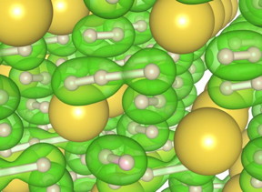 At center, in green, is the new three-atom hydrogen 'chain.' It is surrounded by several 'normal' two-atom molecules of hydrogen, also in green. The new chain configuration appears in the new material NaH7, which was produced under high pressure and high temperature conditions. The new material could change the superconductivity landscape and be useful for hydrogen storage in hydrogen fuel cells.

Image courtesy Duck Young Kim