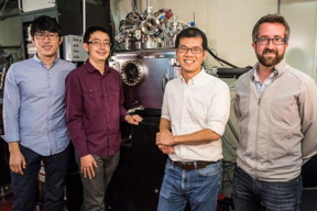 Jongwoo Lim, Yiyang Li, and William Chueh of Stanford and SLAC National Accelerator Laboratory and David Shapiro of Lawrence Berkeley National Laboratory stand in front of the X-ray microscope at the Advanced Light Source.
CREDIT: Paul Mueller/Lawrence Berkeley National Laboratory