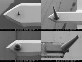 Optimally adapted probes for atomic force microscopes can now be produced by 3-D nanoprinting at KIT.

Photos: KIT