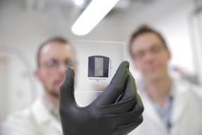 The UW-Madison engineers use a solution process to deposit aligned arrays of carbon nanotubes onto 1 inch by 1 inch substrates. The researchers used their scalable and rapid deposition process to coat the entire surface of this substrate with aligned carbon nanotubes in less than 5 minutes. The team's breakthrough could pave the way for carbon nanotube transistors to replace silicon transistors, and is particularly promising for wireless communications technologies. 
CREDIT: Stephanie Precourt