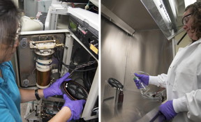 NIST researchers simulate "sun and rain" to determine if weathering causes polymer coatings to release the nanoparticles they contain into the environment. On the left, Li-Piin Sung places a commercially available polymer with silicon dioxide nanoparticles into a chamber of the NIST SPHERE, a device for accelerated weathering that in one day subjects samples to the equivalent of 10-15 days of outdoor exposure. On the right, Deborah Jacobs applies "NIST simulated rain" to the weathered sample to collect any shed nanoparticles in the runoff.
CREDIT: Fran Webber/NIST