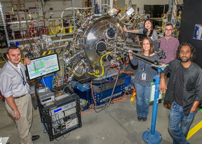 Members of the Brookhaven Lab research team(clockwise from left) Stuart Wilkins, Xiaoqian Chen, Mark Dean, Vivek Thampy, and Andi Barbourat the National Synchrotron Light Source II's Coherent Soft X-ray Scattering beamline, where they studied the electronic order of "charge stripes" in a copper-oxide superconductor.