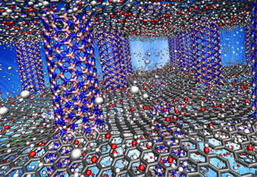 Simulations by Rice University scientists show that pillared graphene boron nitride may be a suitable storage medium for hydrogen-powered vehicles. Above, the pink (boron) and blue (nitrogen) pillars serve as spacers for carbon graphene sheets (gray). The researchers showed the material worked best when doped with oxygen atoms (red), which enhanced its ability to adsorb and desorb hydrogen (white).
CREDIT
Lei Tao/Rice University