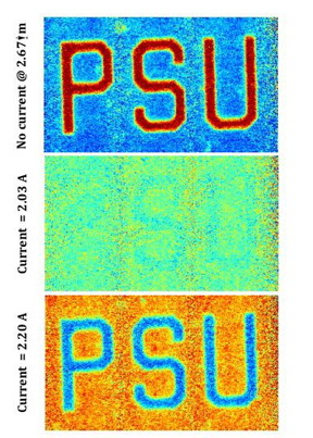 This is an infrared image of metadevice composed of vanadium dioxide with gold patterned mesh. (Top) Device without any electric current showing the PSU cut from the pattern and reflective. (Middle) Device with 2.03 amps of current. The PSU and background now appear the same, the PSU has faded into the background. (Bottom) Device with 2.20 amps of current. The background is now reflective while the PSU is not.
CREDIT
Douglas Werner, Penn State