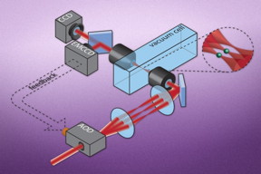 This image shows the basic setup that enables researchers to use lasers as optical tweezers to pick individual atoms out from a cloud and hold them in place. The atoms are imaged onto a camera, and the traps are generated by a laser that is split into many different focused laser beams. This allows a single atom to be trapped at each focus.

Courtesy of the researchers