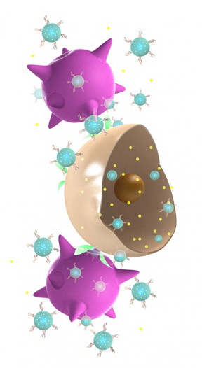 Artist's conception of nanoparticle-carrying immune cells that target tumors and release drug-loaded nanoparticles for cancer treatment.
CREDIT
Jian Yang, Yixue Su, Penn State
