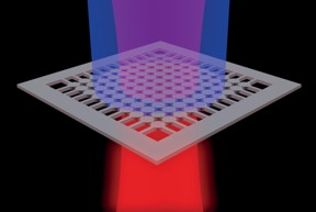 This is a schematic of the BIC laser: a high frequency laser beam (blue) powers the membrane to emit a laser beam at telecommunication frequency (red).
CREDIT
Kant group, UC San Diego
