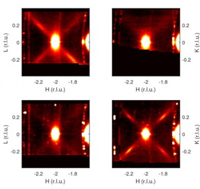 These are distributions of diffuse X-ray scattering in the new phase of PbZrO3. Upper and lower rows correspond to different domain states
CREDIT
Press photo