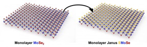 Rice University materials scientists replace all the atoms on top of a three-layer, two-dimensional crystal to make a transition-metal dichalcogenide with sulfur, molybdenum and selenium.
CREDIT
Jing Zhang/Rice University