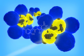 Illinois researchers developed nanoparticles that can target cancer stem cells (yellow), the rare cells within a tumor (blue) that can cause cancer to recur or spread.  

Image courtesy of Dipanjan Pan
