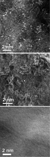 Three transmission electron microscope images of nitrogen-doped graphene show the relative presence of manganese atoms, contaminants from graphite precursors or reactants believed responsible for the material's ability to catalyze oxygen-reduction reactions, according to Rice University scientists. The top image shows many manganese atoms (white) remain on graphene that has been washed once; few on twice-washed graphene in the center image; and none on graphene washed six times at bottom. Twice-washed graphene with a scattering of manganese atoms proved best for catalysis. (Credit: Tour Group/Rice University)