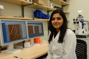 Dr Supriya Bhat from the Dahms Group in Regina with her JPK NanoWizard AFM. (Photograph used with permission of University of Regina Photographic Services)