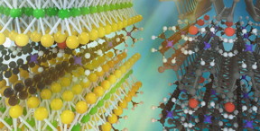 This is an artist's concept of two kinds of monolayer atomic crystal molecular superlattices. On the left, molybdenum disulfide with layers of ammonium molecules, on the right, black phosphorus with layers of ammonium molecules.
CREDIT
UCLA Samueli Engineering

