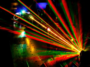 A twisted laser beam hits a nanoscopic U-shaped gold grating which further twists the beam in either a right or left-handed direction. This deflects the beam in many directions and further splits it into its constituent wavelengths across the color spectrum.
CREDIT
Ventsislav Valev