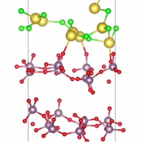 Rice University scientists built computer models of intermediate reactions to understand why salt lowers reaction temperatures in the synthesis of two-dimensional compounds. Above left, molybdenum oxychloride precursor molecules undergo sulfurization in which sulfur atoms replace oxygen atoms. That sets up the material to form new compounds. At right, the calculations show the charge densities of the new molecules. (Credit: Yakobson Group/Rice University)