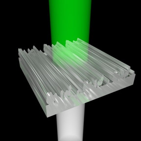 Light hits the 3-D printed nanostructures from below. After it is transmitted through, the viewer sees only green light -- the remaining colors are redirected.

CREDIT
Thomas Auzinger