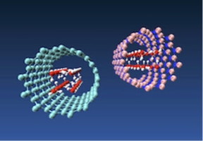Molecular models of nanotube ice produced by engineers at Rice University show how forces inside a carbon nanotube at left and a boron nitride nanotube at right pressure water molecules into taking on the shape of a square tube. The phenomenon is dependent upon the diameter of the nanotube. (Credit: Multiscale Materials Laboratory/Rice University)