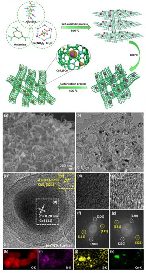 Schematic illustration and physical characterization of S, N co-doped carbon nanotubes encapsulated core-shell (CoS2@Co) nanoparticles.

CREDIT
Science China Press

