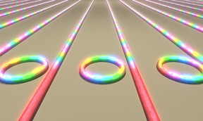 Illustration showing an array of microring resonators on a chip converting laser light into frequency combs.

Credit: Brian Stern/Columbia Engineering 