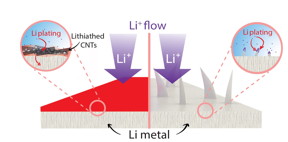 An illustration shows how lithium metal anode developed at Rice University are protected from dendrite growth by a film of carbon nanotubes. (Credit: Tour Group/Rice University)