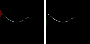 This accelerating light pulse (left) met expectations (right) that it would follow a curved trajectory and emit radiation at the terahertz frequencies of security technology and other sensing applications. (University of Michigan video/Meredith Henstridge) 