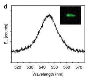 These are the wavelengths of light emitted from the spintronic LED. The inset shows the green light from the device.

CREDIT
University of Utah