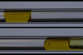 A gel-like yield stress fluid, top, moves as a plug without shearing in a tube with the new surface coating. At bottom, the same fluid is seen shearing while it flows in an uncoated tube, where part of the fluid gets stuck to the tube while part of it continues to flow.

Images courtesy of the researchers