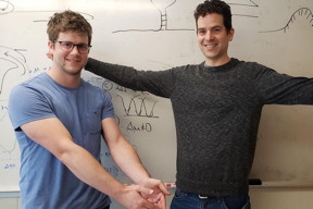 Simon Fraser University physics graduate student Steven Large, left, and professor David Sivak model the folded and unfolded states of a DNA hairpin.

CREDIT
SFU