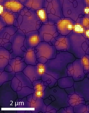 The thin lines show the grain structure of a perovskite solar cell obtained using a new type of electron backscatter diffraction. Researchers can use a different technique to map sites of high energy loss (dark purple) and low energy loss (yellow).

CREDIT
Jariwala et al., Joule, 2019