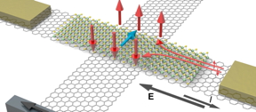 Schematic representation of a graphene-based heterostructure in which spin currents are generated and tuned by proximity effect with a transition metal dichalcogenide strip.