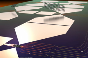 This graphic depicts a stylized rendering of the quantum photonic chip and its assembly process. The bottom half of the image shows a functioning quantum micro-chiplet (QMC), which emits single-photon pulses that are routed and manipulated on a photonic integrated circuit (PIC). The top half of the image shows how this chip is made: Diamond QMCs are fabricated separately and then transferred into the PIC.

Credit: Noel H Wan

