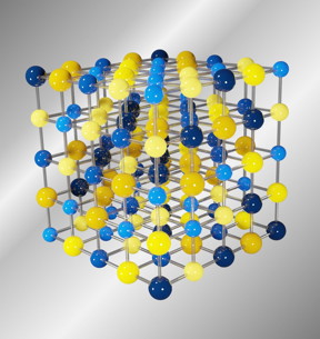 Crystal structure of GeSnPbSSeTe, a semiconducting entropy-stabilized chalcogenide alloy. The yellow atoms are cations (Ge, Sn, Pb) and the blue atoms are anions (S, Se, Te). The difference in lightness corresponds to different species of the anions and cations. The configurational entropy from the disorder of both the anion and the cation sublattices stabilizes the single-phase rocksalt solid solution, as demonstrated from first-principles calculations as well as experimental synthesis and characterization.

CREDIT
Logan Williams, Emmanouil Kioupakis, and Zihao Deng, Dept. of Materials Science & Engineering, University of Michigan