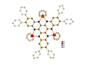 The structure of the molecule under study (titanium shown in red, nitrogen in blue, carbon in grey). The basic body of the molecule is highlighted, whereas hydrogen atoms are hidden for simplification.

CREDIT
Graphics: Ruediger Beckhaus / University of Oldenburg