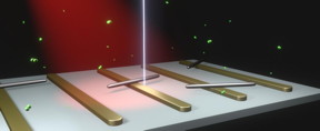 Depiction of the experimental setup where palladium nanorods lie atop gold nanobars. In this image, an electron beam is directed at the sample to watch the catalytic interactions between the hydrogen molecules (in green) and the palladium catalyst. The light driving the illumination is shown in red.

CREDIT
Katherine Sytwu
