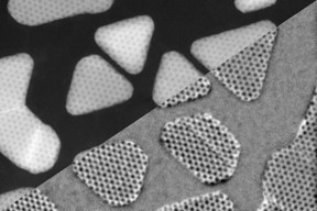 These images of "islands" of gold atoms deposited on a layer of two-dimensional molybdenum sulfide were produced by two different modes, using a new scanning tunneling electron microscope (STEM) in the new MIT.nano facility. By combining the data from the two different modes the researchers were able to figure out the three-dimensional arrangement of atoms where the two materials meet.
Credits:Image courtesy of the researchers