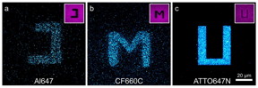 Confocal fluorescence images of glass surfaces coated with the cyanine dyes Alexa Fluor 647 (a) and CF660C (b) and with carborhodamine dye ATTO647N (c) after light excitation at 568 nanometres (nm). By exciting the red-absorbing dyes at 640 nm in certain areas (negative images top right), dyes are photoconverted there and it is possible to write letters on the surface that were excited at 568 nm and fluoresce at about 580 nm. The carborhodamine dye shows more efficient photobluing than the cyanine dyes.

CREDIT
Team Markus Sauer / University of Wuerzburg