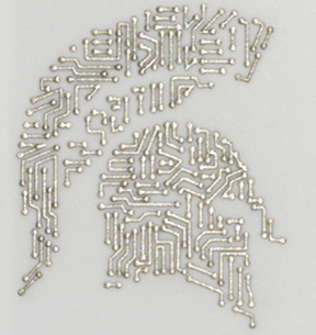 MSU researchers developed a process to create more resilient circuitry, which they demonstrated by creating a silver Spartan helmet. The circuit was designed by Jane Manfredi, an assistant professor in the College of Veterinary Medicine. Credit: Acta Materialia Inc./Elsevier