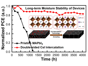 Normalized PCE versus time for unencapsulated PSCs stored in the dark under ambient air without a UV filter at the 4050% RH. Inset diagram shows the change in perovskite crystal structure after CsI intercalation.

CREDIT
Kanazawa University