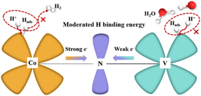 VN, as an early-transition-metal nitride, owns inherent shortage of 3d electron, displaying week electron adsorption ability, thus restraining the continuous formation of Hads. As a late transition metal, Co atom takes the more 3d electron than V atom for granted, which could restrict the release of Hads due to the strong interplay between Co atom and Hads. In consequence, once electron intercoupling of VN and Co proceeds, the electron-rich d-orbitals of Co atoms and the electron-deficient d-orbitals of V atoms will simultaneously transfer electrons to the p-orbitals of bridging N atoms, hence leading to an improved delocalization of electrons among Co, V and N in VN/Co@GNC. When the electron density on Co and V atoms balance, the interactions between N atoms and Hads could be optimized in view of the Sabatier mechanism, which would be conducive to enhancing the adsorption and dissociation of water molecules for upgraded hydrogen production. Art by Chen’s group.
CREDIT
Beijing Zhongke Journal Publising Co. Ltd.

