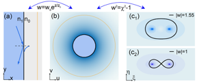 Mapping the homogeneous refractive index distribution in the original straight space (a) to a circular OBH cavity (b) with gradient index. The core region of OBH cavity is truncated as homogeneous index. The quadrupole cavity (c1) and peanut-like cavity (c2) is transformed from the circular OBH cavity under different structural parameters.
CREDIT
by Qingtao Ba, Yangyang Zhou, Jue Li, Wen Xiao, Longfang Ye, Yineng Liu, Jin-hui Chen and Huanyang Chen