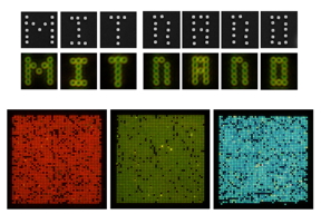These images show nanoparticles (colored dots) that have been precisely arranged onto different surfaces, using the technique developed by Niroui and her collaborators. Their method is so precise that particles can be arranged into arbitrary shapes, like individual letters that spell "MIT NANO," and then transferred to surfaces with high position accuracy, as seen here.
Credits:Image: Courtesy of the researchers