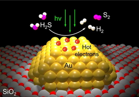 An illustration of the light-powered, one-step remediation process for hydrogen sulfide gas made possible by a gold photocatalyst created at Rice University. (Image courtesy of Halas Group/Rice University)