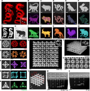 (A) Fluorescent image of two dragons of CdSe QDs without shrinking; the inset shows a resolution of ~200 nm. (B-F) SEM (top) and EDX (bottom) images of a monkey of Ag; pig of Au-Ag alloy; snake of TiO2; dog of Fe3O4; and rabbit of NaYREF4, respectively. (G) Designed dragon patterns in (A). (H) Optical microscopy image of an ox of diamond. (I-M) Fluorescent images of a tiger of graphene QDs; goat of fluorescent Au; horse of polystyrene; rooster of fluorescein; and mouse of fluorescent protein, respectively. (N-R) 3D models and fluorescent images (maximum-intensity projection) of the fabricated structures in shapes of a C60 molecule, regular dodecahedron, regular octahedron, cube, and regular tetrahedron of different materials, respectively. (S) Top view of a five-layer split ring resonator (SRR) structure; inset: SRR unit; and (T) trimetric view of the SRR structure; inset: slice view of an SRR unit. (U) SEM image of the top layer of an SRR structure after shrinking and dehydration. (V) 3D model of a woodpile structure containing 16 vertical rods along the z-axis. (W, X) SEM cross-sectional images of the fabricated woodpile at the two cut planes in (V), respectively. (Substrate tilt angle: 52°). Scale bars are 1 µm for (B-F, U, W, X, and the insets of S and T); and 10 µm for (A, H-M, N-T).

CREDIT
Chinese University of Hong Kong